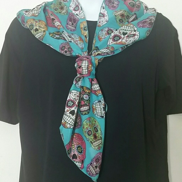 Scarf Sugar Skull Turquoise blue skeleton head NEW - Picture 1 of 4
